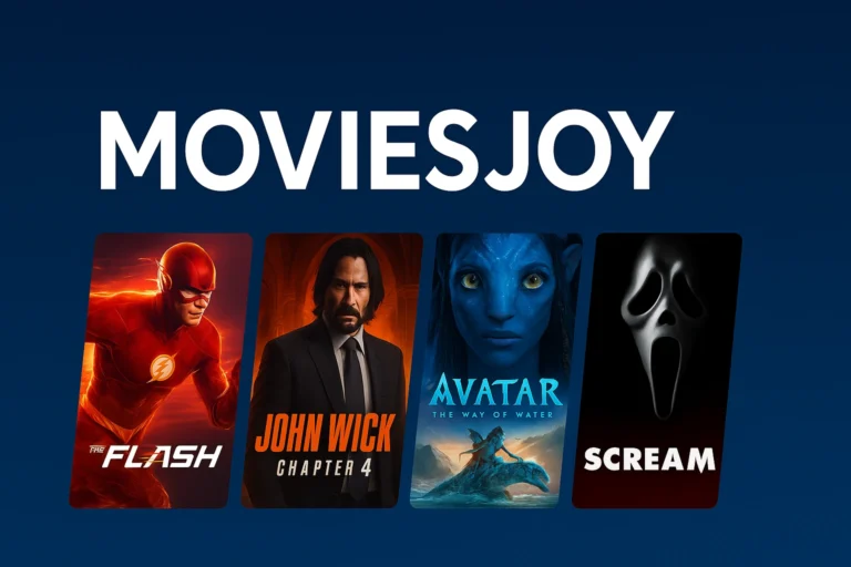 MoviesJoy logo with movie posters of The Flash, John Wick Chapter 4, Avatar The Way of Water, and Scream – Free streaming platform illustration